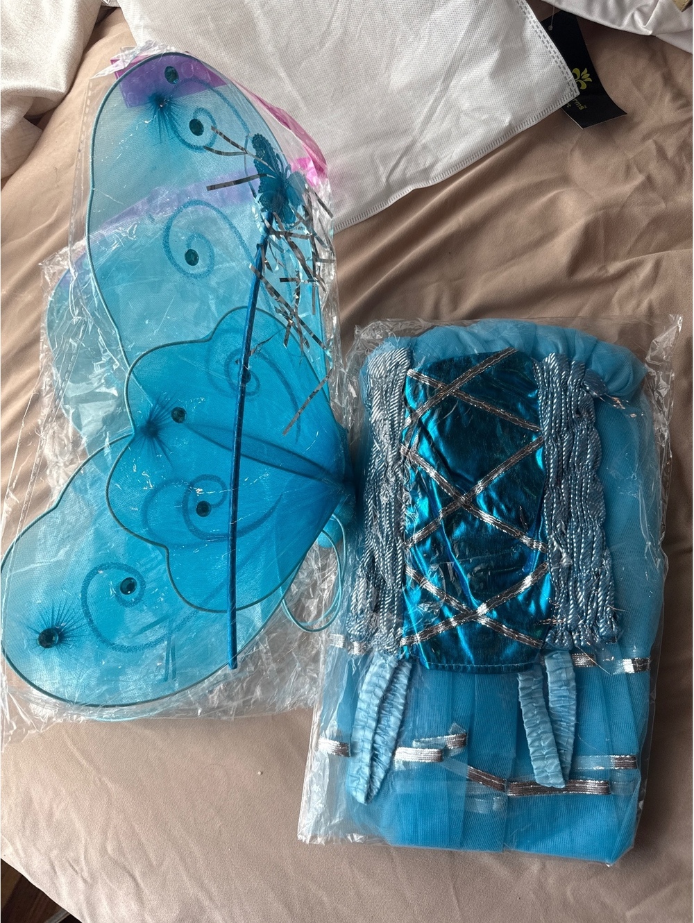 NIP  Blue Fairy Costume Dress & Butterfly Wings Set Halloween Princess Sparkle